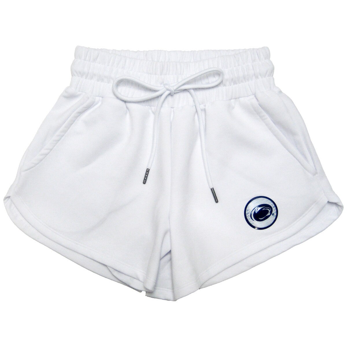 women's white shorts with holographic Penn State Athletic Logo